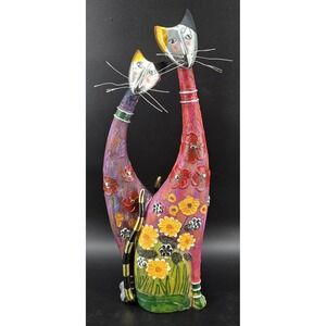 Vtg Folk Art Resin Cat Couple Figurine Painted w/Metal Faces Whimsical‎ 18" Gift